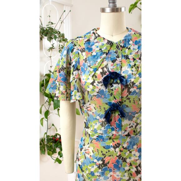 Vintage 1930s Tea Dress 30s Floral Cotton Voile Maxi Art Deco Summer Lawn Dress - Picture 7 of 12